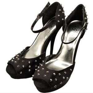 Speed Limit 98 Black Faux Suede Silver Spikes Open Toe Pump Heels 7.5